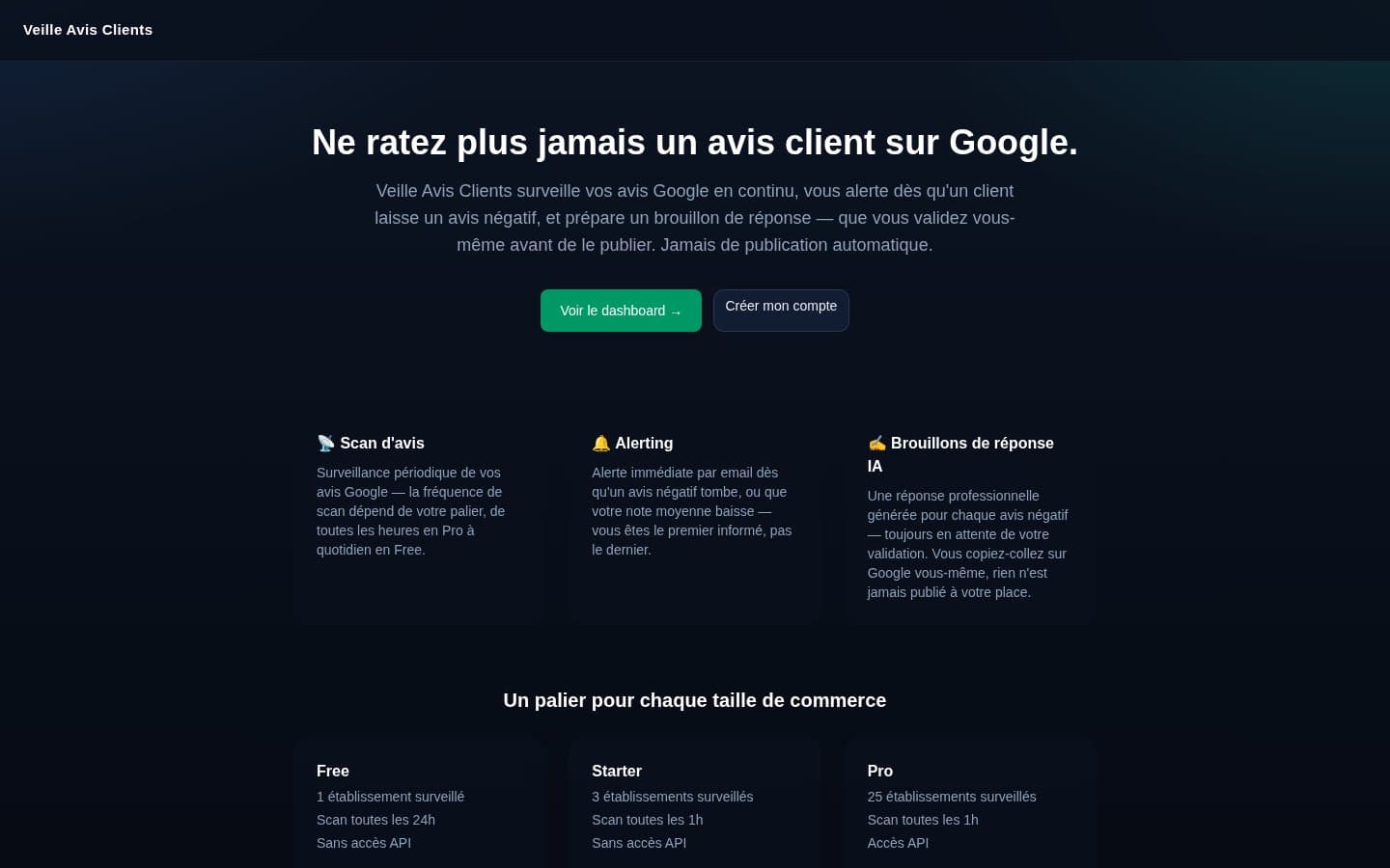 Aperçu de Veille Avis Clients — Surveillance e-réputation Google