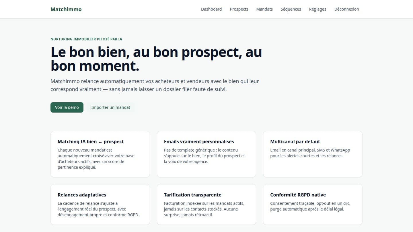 Aperçu de Matchimmo — Nurturing immobilier piloté par IA