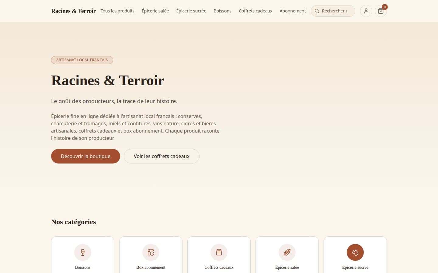 Aperçu de Racines & Terroir — Épicerie fine en ligne