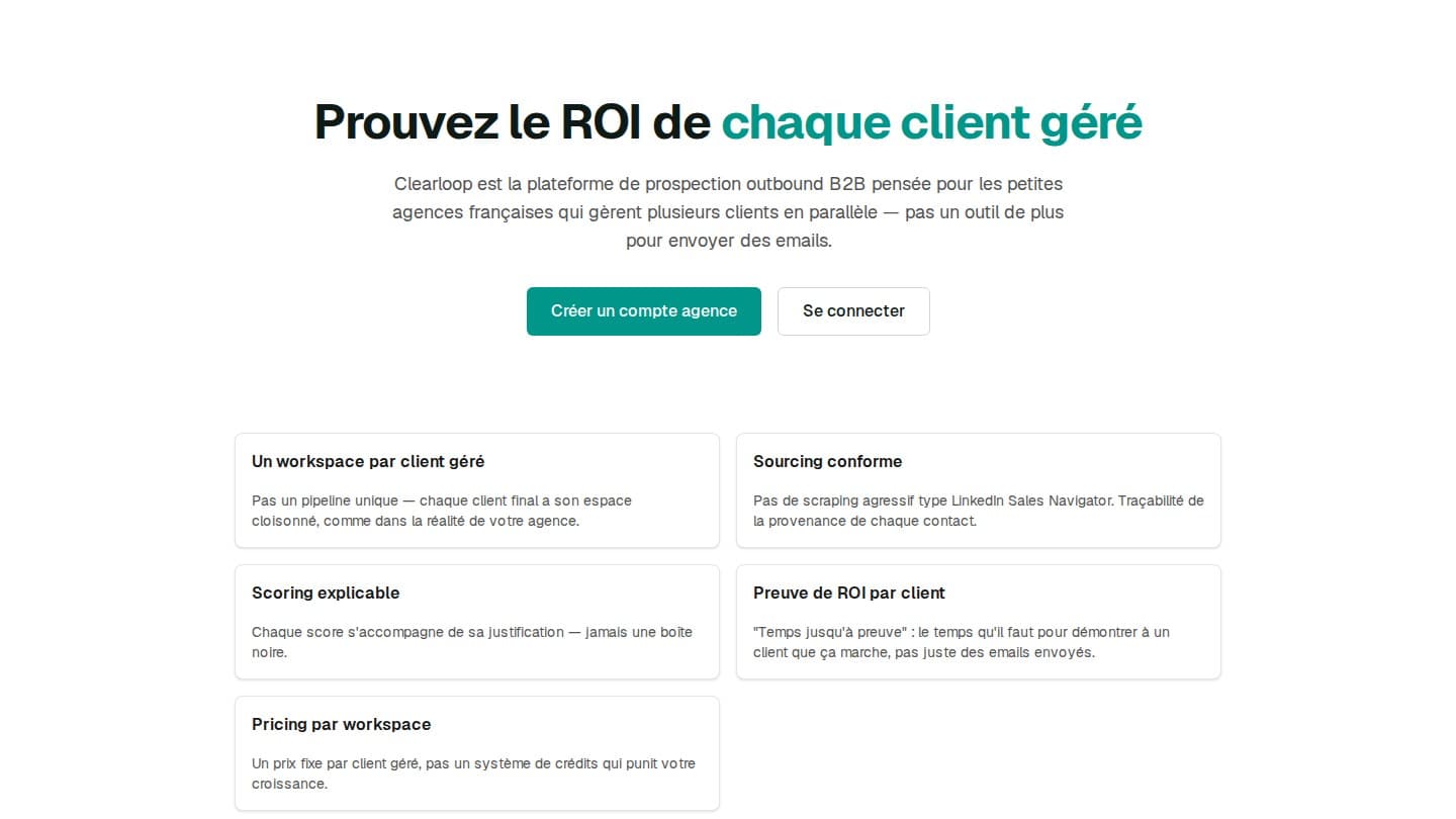 Aperçu de Clearloop — Prospection outbound par client géré