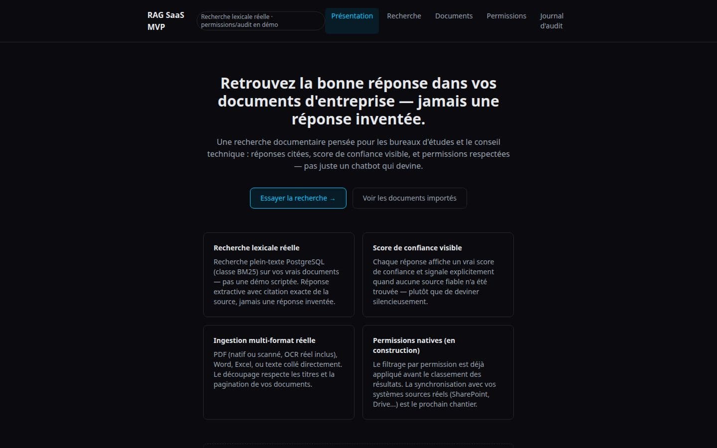 Aperçu de RAG SaaS — Recherche documentaire fiabilisée